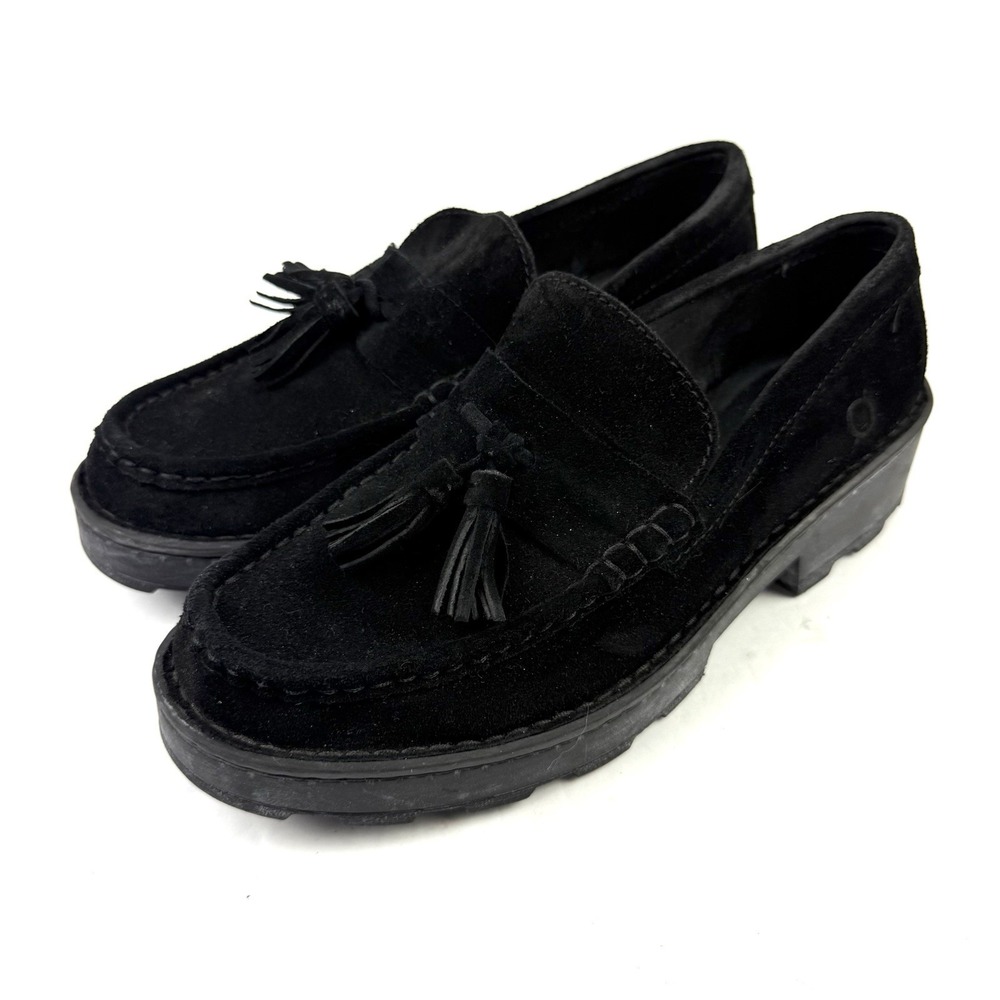 Born Capri Loafer 7 Black Suede Slip On Shoes Lug Sole Womens